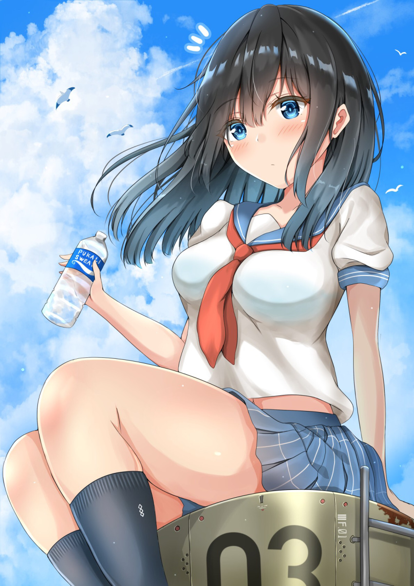 bad_id bad_pixiv_id bird black_hair black_socks blue_skirt blue_sky bottle bra bra_visible_through_clothes bralines breasts closed_mouth cloud contrail day expressionless female floating_hair highres holding holding_bottle medium_breasts medium_hair midriff_peek navel original outdoors pleated_skirt red_ribbon ribbon sailor_collar school_uniform see-through serafuku shirt sitting skirt sky socks soda_bottle solo sunsun2812 thighs underwear uniform wet wet_clothes wet_shirt white_shirt