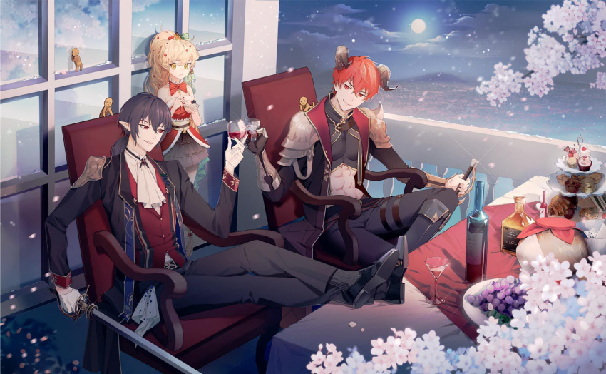 2boys alcohol blonde_hair bottle choker clothing_cutout cup drinking_glass female fingerless_gloves food food_fantasy formal gingerbread_(food_fantasy) glass gloves highres holding holding_cup horns long_hair multiple_boys navel_cutout pointy_ears ponytail purple_hair red_eyes red_hair red_wine_(food_fantasy) short_hair short_ponytail shoulder_pads sitting skirt smile steak_(food_fantasy) suit sword symbol-shaped_pupils table third-party_source weapon wine_bottle wine_glass