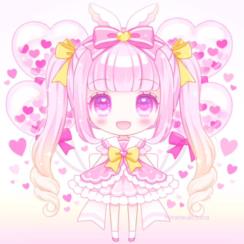 :d artist_name balloon bow brown_background chibi commentary_request dress female frilled_dress frills full_body gradient_background gradient_hair hair_ornament hairbow heart heart_balloon heart_hair_ornament himetsuki_luna light_brown_hair long_sleeves looking_at_viewer multicolored_hair open_mouth original pink_background purple_bow purple_dress purple_footwear purple_hair ringlets shoes sidelocks smile socks solo sparkle standing striped striped_bow twintails white_background white_socks yellow_bow