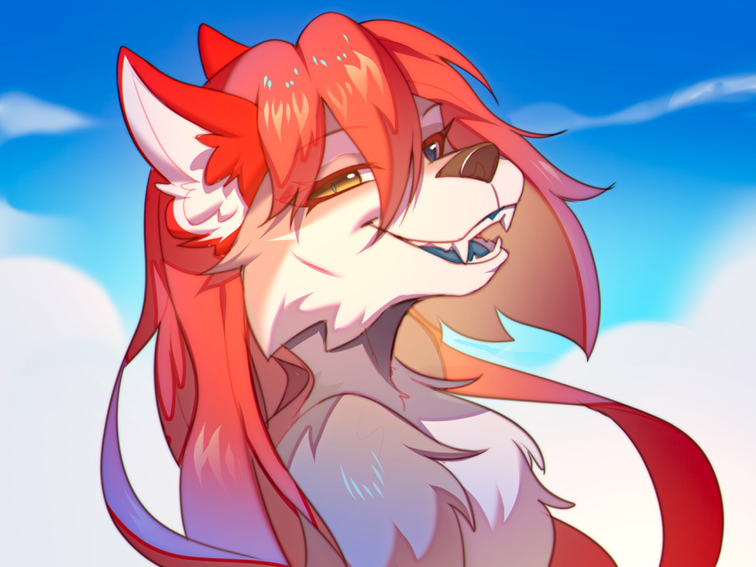 4:3 anthro bust_portrait canid canine canis digital_media_(artwork) female fur hair happy heterochromia hyattlen legend_of_ahya mammal nude outside portrait red_body red_fur red_hair shaded sky skyscape smile solo taylor_renee_wolford_(darkflamewolf) wolf