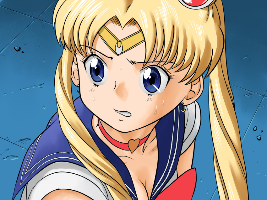 bishoujo_senshi_sailor_moon bishoujo_senshi_sailor_moon_s blonde_hair blue_background blue_eyes blue_sailor_collar breasts choker circlet cleavage commentary_request derivative_work double_bun earrings female gotou_kenji hair_bun heart highres jewelry long_hair magical_girl meme portrait red_choker sailor_collar sailor_moon sailor_moon_redraw_challenge_(meme) sailor_senshi_uniform screenshot_redraw small_breasts solo sweat tsukino_usagi twintails upper_body