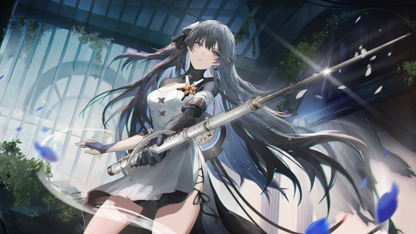 absurdres accessories black_hair blade blue_hair breasts curtains curvy dress earrings female fingerless_gloves flute garden gloves hair_ornament highres holding holding_instrument holding_weapon instrument jewelry light_rays long_hair looking_away mada_(shizhou) mecha_musume medium_breasts multicolored_hair official_style petals pillar punishing:_gray_raven purple_eyes selena:_capriccio_(punishing:_gray_raven) selena_(punishing:_gray_raven) shiny short_sleeves tree weapon