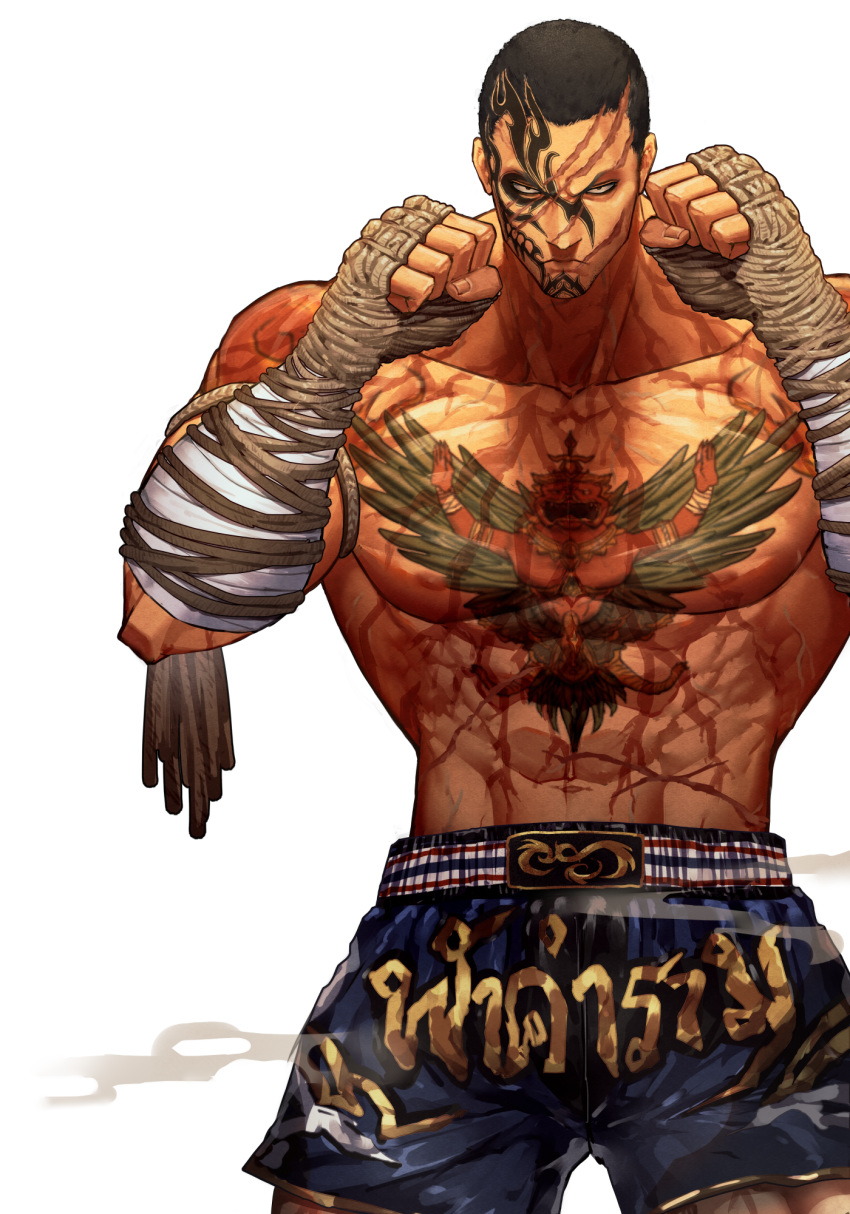 1boy abs bad_id bad_pixiv_id bandaged_arm bandages black_hair blue_shorts buzz_cut chest_tattoo clenched_hands collarbone commentary_request constricted_pupils facial_tattoo fahkumram fighting_stance highres houjoh_(7th-heaven) looking_at_viewer male_focus manly muay_thai muscular muscular_male navel pectorals rope scar scar_across_eye scar_on_face short_hair shorts solo tattoo tekken tekken_7 topless_male very_short_hair white_background