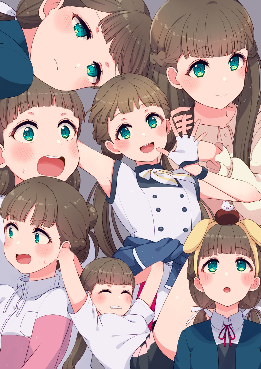 absurdres animal_ears birthday blunt_bangs blush breasts brown_hair clenched_teeth closed_eyes cream_(nipakupa) exercising female go!!_restart green_eyes grey_background hair_bun highres long_hair looking_at_viewer love_live! love_live!_superstar!! low_twintails medium_breasts multiple_views oikakeru_yume_no_saki_de sakurakoji_kinako school_uniform single_hair_bun sit-up smile teeth twintails upper_body yuigaoka_school_uniform