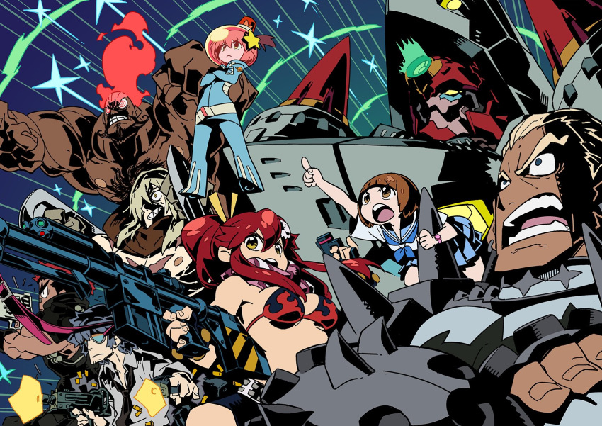 3girls 5boys anti-materiel_rifle arc_gurren-lagann bad_id bad_twitter_id bare_pectorals bikini bikini_top_only black_shirt blonde_hair blue_background blue_eyes blue_skirt brown_eyes brown_hair casing_ejection commentary_request company_connection creator_connection crossed_arms fiery_hair firing gainax gamagoori_ira grin gun gunbuster_pose highres himukai_yuuji holding holding_gun holding_weapon inactive_account kill_la_kill kinagase_tsumugu long_hair lordgenome luluco mac-10/11 mankanshoku_mako mecha mikisugi_aikurou motion_lines multiple_boys multiple_girls muscular muscular_male neckerchief open_mouth pectorals pleated_skirt pointing red_hair rifle ringed_eyes robot sailor_collar sailor_shirt scar school_uniform serafuku sharp_teeth shell_casing shirt short_hair short_sleeves skirt smile sniper_rifle spacesuit sparkle submachine_gun sunglasses swimsuit teeth tengen_toppa_gurren_lagann trigger_(company) uchuu_patrol_luluco viral_(ttgl) weapon white_shirt yellow_eyes yoko_littner