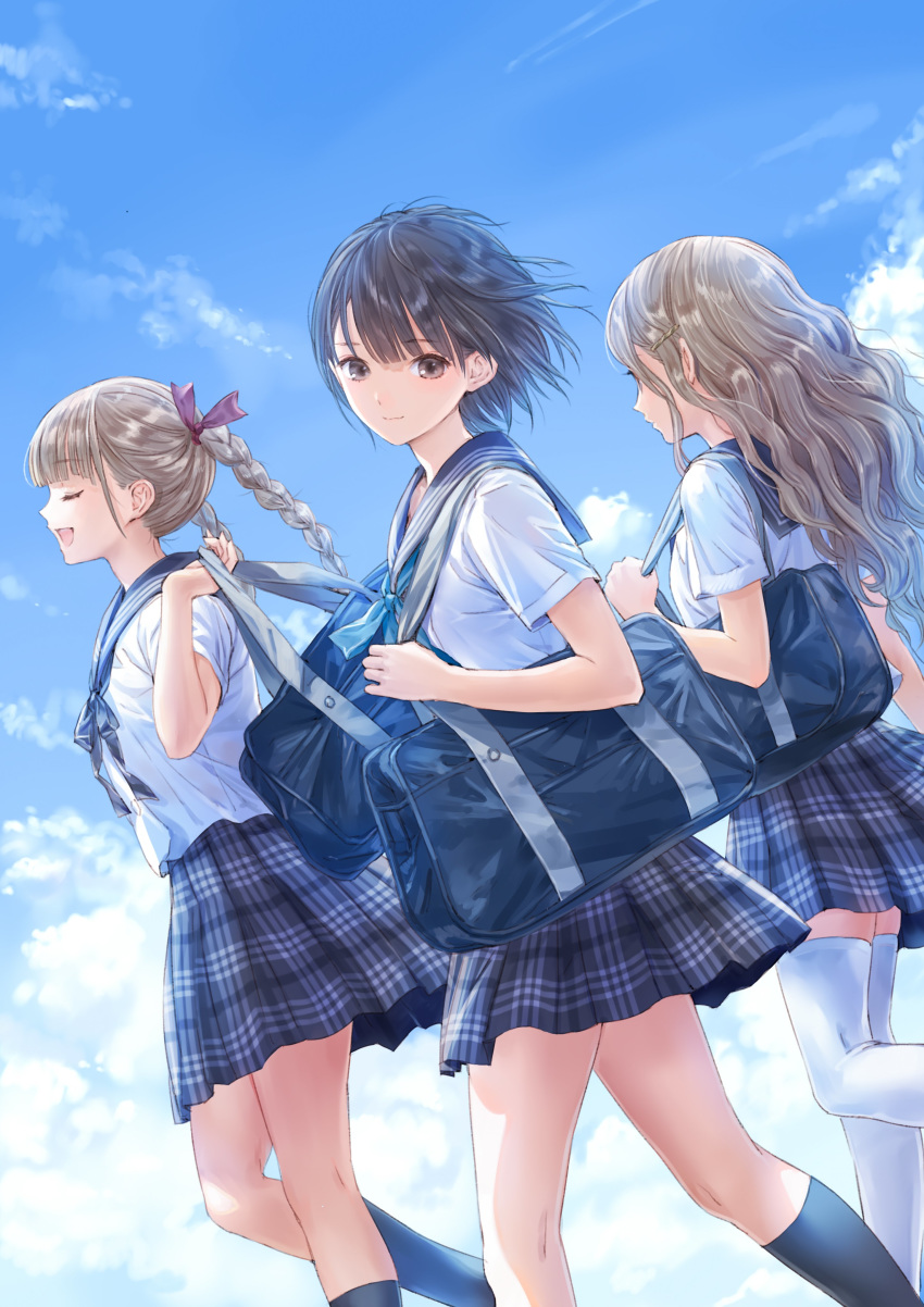 3girls absurdres bag black_eyes black_hair black_legwear blouse blue_reflection_(series) blue_reflection_maboroshi_ni_mau_shoujo_no_ken blue_sky braid closed_eyes cloud day from_side hair_ornament hair_ribbon hairclip highres hoshinomiya_girls'_high_school_uniform kishida_mel kneehighs light_brown_hair long_hair looking_at_viewer miniskirt multiple_girls neck_ribbon open_mouth outdoors plaid plaid_skirt pleated_skirt ribbon sailor_collar school_bag school_uniform serafuku shijou_raimu shijou_yuzuki shirai_hinako shirt short_hair short_sleeves skirt sky socks thighhighs twin_braids twintails wavy_hair white_legwear white_shirt