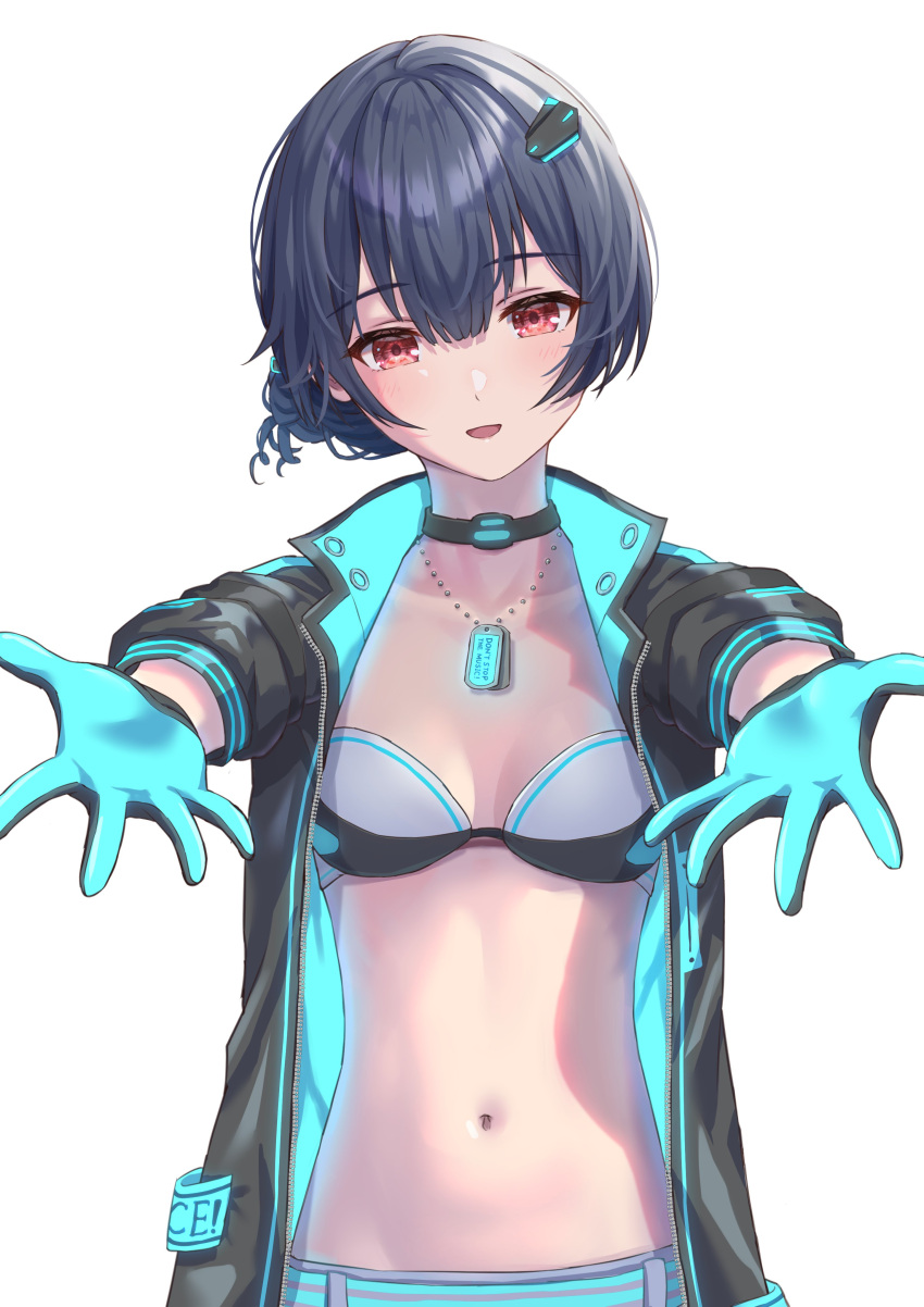 absurdres black_bra black_choker black_hair black_jacket blue_gloves bra breasts choker dance_on_the_galaxy_(idolmaster) dog_tags female gloves hair_ornament highres idolmaster idolmaster_shiny_colors jacket long_sleeves looking_at_viewer morino_rinze multicolored_clothes multicolored_gloves navel no_shirt open_clothes open_jacket outstretched_arms red_eyes short_hair simoumi_217 simple_background smile solo stomach underwear upper_body white_background white_bra