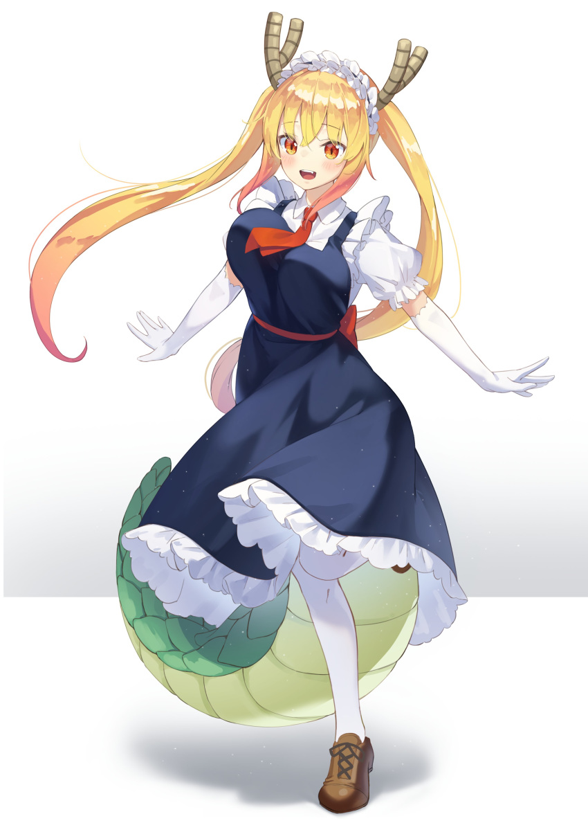 :d absurdres bad_id bad_twitter_id blonde_hair breasts brown_footwear dragon_girl dragon_tail elbow_gloves female full_body gloves highres horns kimyo kobayashi-san_chi_no_maidragon large_breasts large_tail light_particles long_hair looking_at_viewer maid maid_headdress necktie oerba_yun_fang open_mouth orange_eyes pantyhose red_eyes scales skirt slit_pupils smile solo standing standing_on_one_leg tail tohru_(maidragon) twintails white_background white_gloves white_pantyhose