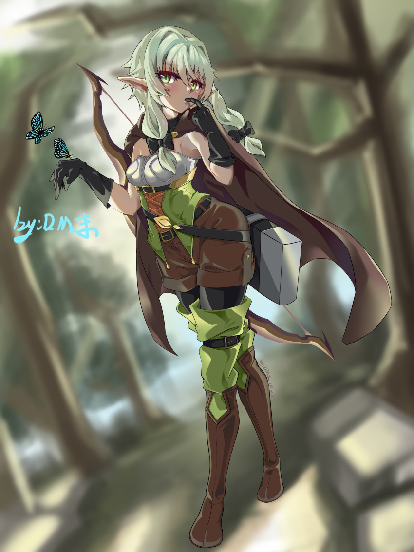 absurd_res accessory boots bottomwear bow_(feature) bow_accessory bow_ribbon breasts clothing dm_mo elf female footwear goblin_slayer green_eyes green_hair hair hair_accessory hair_ribbon hairbow hi_res high_elf_archer_(goblin_slayer) humanoid humanoid_pointy_ears leggings legwear long_legs not_furry platinum_blonde ranged_weapon ribbons shorts small_breasts solo thigh_boots thigh_highs weapon wide_hips