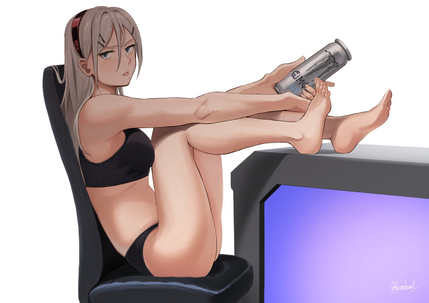 among_us bare_legs barefoot black_panties black_sports_bra blonde_hair blue_eyes breasts can chair crewmate_(among_us) feet female from_side full_body girls'_frontline hair_between_eyes hair_ornament hairband hairclip highres holding holding_can kion-kun legs legs_on_table long_hair looking_at_viewer medium_breasts mole mole_under_mouth monster_energy office_chair open_mouth panties parted_lips product_placement red_hairband shaw_(girls'_frontline) sideboob sitting solo sports_bra swivel_chair table thighs toes twitter_username underwear underwear_only white_background