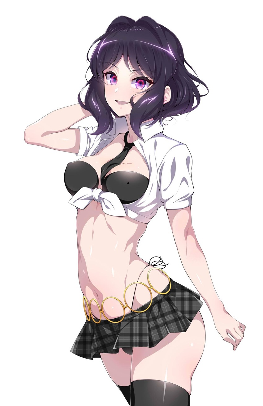 bikini black_bikini black_hair blush breasts cleavage covered_nipples female highres kohinata_miku kurihara_kenshirou looking_at_viewer medium_breasts navel photoshop_(medium) possessed purple_eyes ringed_eyes senki_zesshou_symphogear shem-ha shiny_skin short_hair side-tie_bikini_bottom simple_background skirt smile solo standing stomach swimsuit white_background