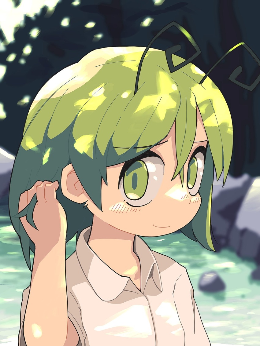 antennae blurry blurry_background blush closed_mouth collared_shirt dappled_sunlight female green_eyes green_hair hair_between_eyes hand_in_own_hair highres looking_at_viewer river shirt short_hair smile solo stone sunlight touhou tree ugif upper_body water white_shirt wriggle_nightbug