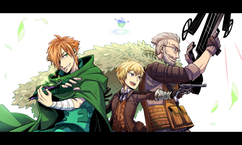 3boys apple arm_mounted_weapon beard billy_the_kid_(fate) blonde_hair brown_hair cloak commentary_request crossbow facial_hair fate/extra fate/grand_order fate_(series) fingerless_gloves food fruit ghillie_suit glasses gloves grey_hair gun hair_over_one_eye handgun letterboxed male_focus misuke_(gyouran) multiple_boys revolver robin_hood_(fate) smile weapon william_tell_(fate)