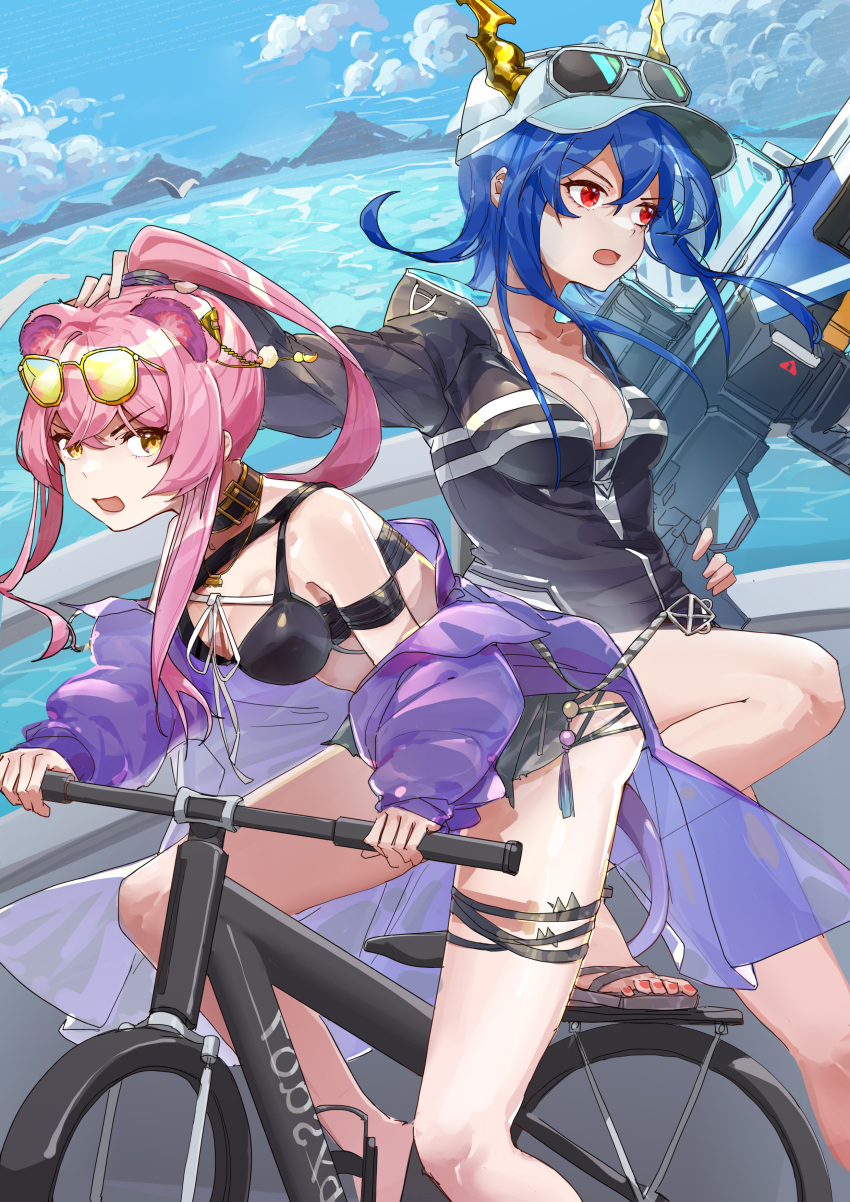 2girls absurdres animal_ears arknights baseball_cap bicycle bikini black_bikini black_choker black_jacket blue_hair breasts ch'en_(arknights) ch'en_the_holungday_(arknights) choker cleavage collarbone day dragon_girl dragon_horns eyewear_on_headwear hair_between_eyes hat highres horns horns_through_headwear jacket large_breasts lin_(arknights) long_hair long_sleeves mouse_ears mouse_girl multiple_girls official_alternate_costume open_clothes open_jacket open_mouth outdoors purple_jacket red_eyes riding riding_bicycle sao7 sunglasses swimsuit water_gun