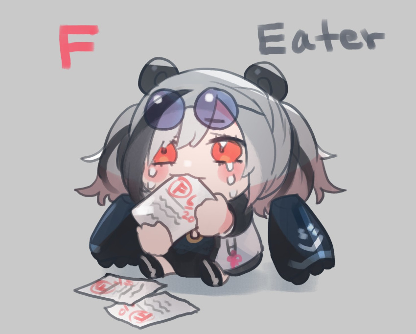 animal_ears arknights bad_id bad_twitter_id black_footwear black_hair blush character_name chibi crying crying_with_eyes_open eyewear_on_head feater_(arknights) female grey_background grey_hair haqlue holding holding_paper inactive_account multicolored_hair panda_ears paper red_eyes round_eyewear shadow shoes short_hair sitting solo streaked_hair sunglasses tears twintails