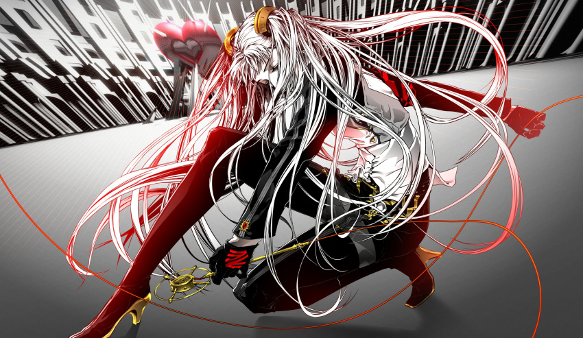 agitation_(module) boots cable closed_eyes female gloves hatsune_miku heart highres long_hair microphone nagimiso project_diva_(series) solo thigh_boots thighhighs twintails unhappy_refrain_(vocaloid) very_long_hair vocaloid white_hair