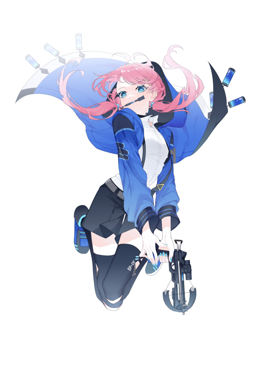 absurdres arknights blue_eyes blue_jacket blue_poison_(arknights) blue_poison_(elite_ii)_(arknights) crossbow female full_body highres holding holding_crossbow holding_weapon hood hooded_jacket jacket long_sleeves low_twintails pink_hair shirt shorts simple_background solo suspenders thighhighs twintails weapon white_background white_shirt yimiww