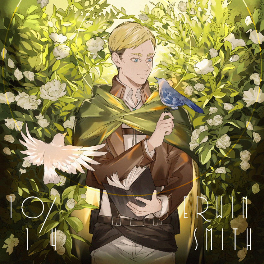 1boy animal animal_on_hand bad_id bad_pixiv_id belt belt_buckle bird black_belt black_hair blonde_hair blue_eyes bolo_tie book brown_jacket buckle cape character_name closed_mouth collar commentary emblem english_commentary erwin_smith flower green_cape happy_birthday highres holding holding_book jacket leather leather_jacket long_sleeves looking_at_animal looking_away male_focus pants paradis_military_uniform photoshop_(medium) plant shingeki_no_kyojin shirt short_hair smile solo standing thick_eyebrows uniform upper_body white_flower white_pants yuji_(fantasia)