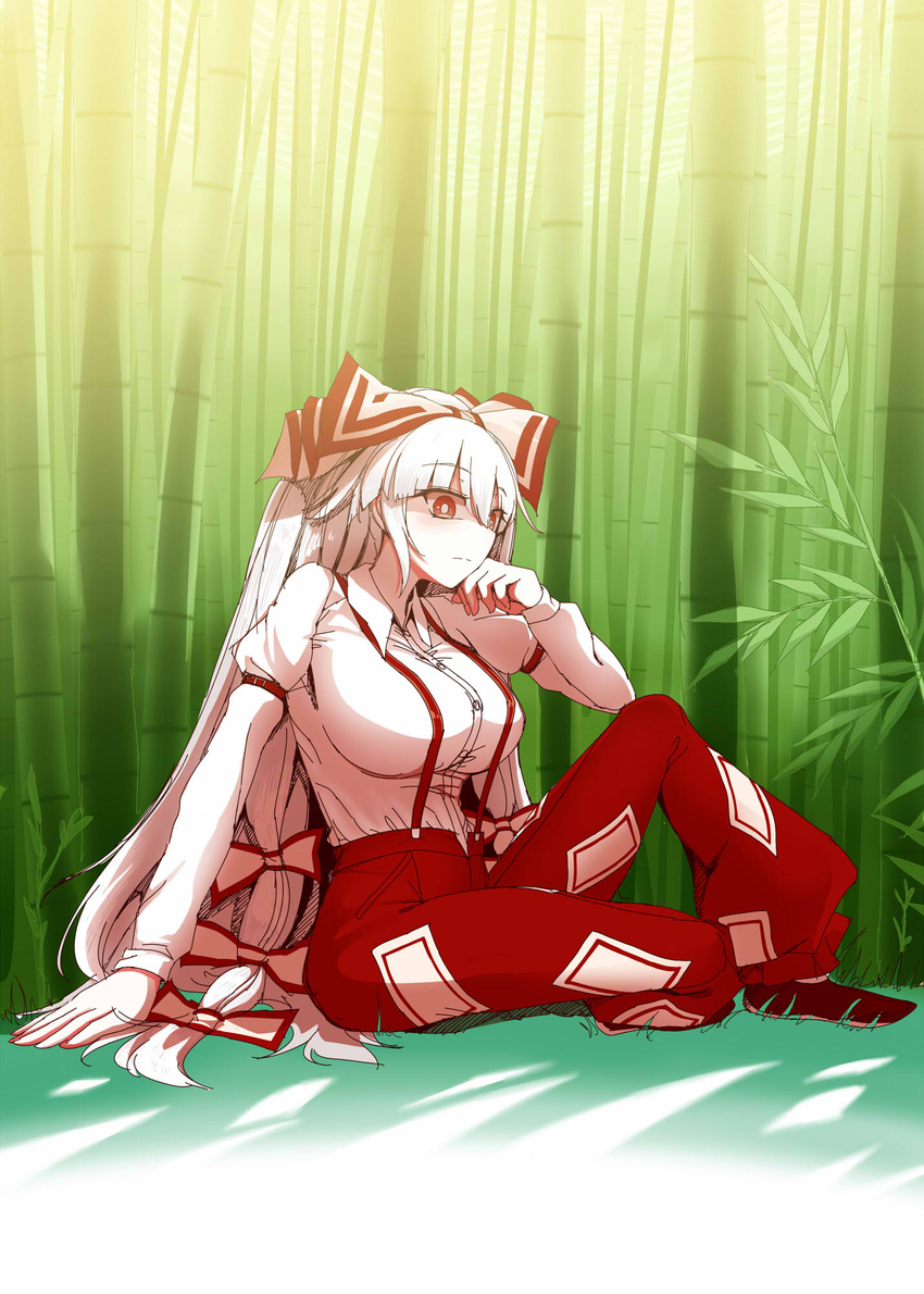 baggy_pants bamboo bamboo_forest breasts bright_pupils collared_shirt female forest fujiwara_no_mokou full_body highres large_breasts long_hair long_sleeves nature ofuda ofuda_on_clothes on_ground outdoors pants red_eyes red_pants shirt sitting sleeve_garter solo suspenders touhou very_long_hair white_hair white_pupils white_shirt yassy