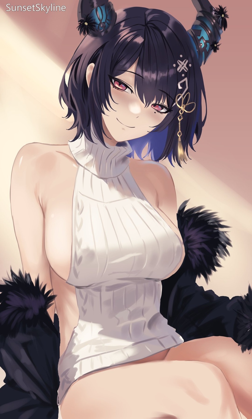 alternate_hair_length alternate_hairstyle asymmetrical_horns bare_shoulders black_hair blue_hair bottomless breasts colored_inner_hair covered_nipples demon_horns female fur_trim hair_ornament highres hololive hololive_english horns large_breasts meme_attire mole mole_under_eye multicolored_hair nerissa_ravencroft red_eyes sideless_outfit sideless_sweater smile solo sunset sunset_skyline sweater turtleneck turtleneck_sweater two-tone_hair uneven_horns virgin_killer_sweater virtual_youtuber