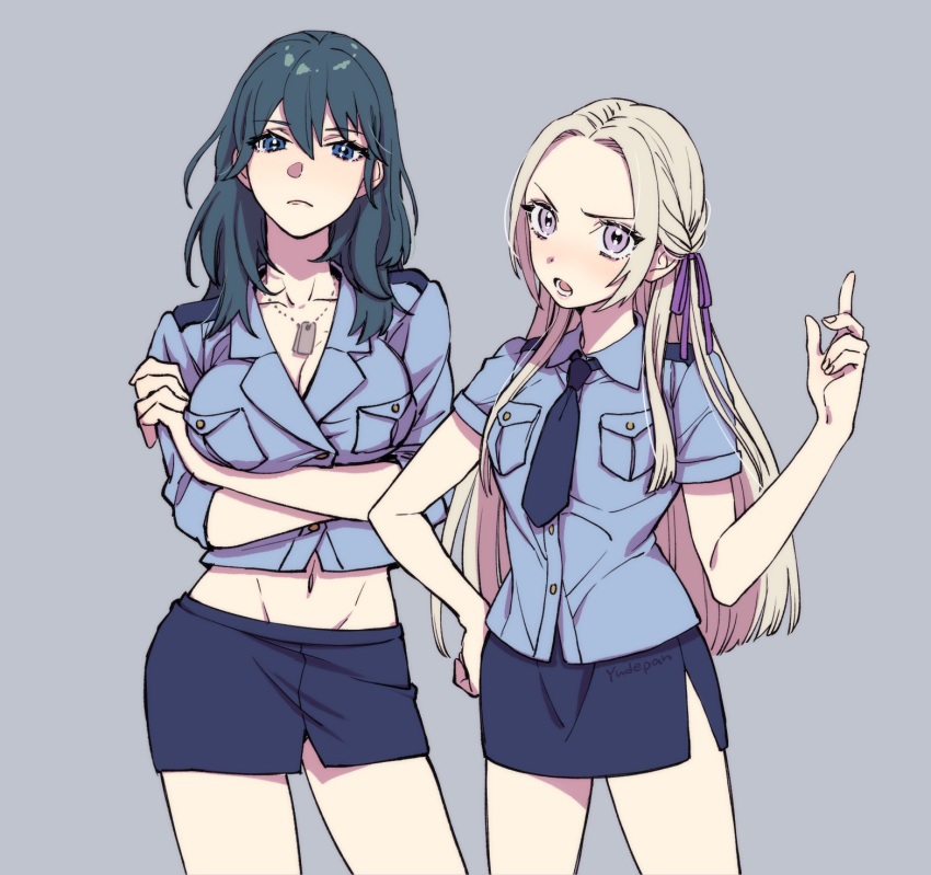 2girls alternate_costume blonde_hair blue_background blue_eyes blue_hair blue_necktie blue_shirt blue_skirt blush breast_hold breasts byleth_(female)_(fire_emblem) byleth_(fire_emblem) cleavage closed_mouth collared_shirt contemporary cowboy_shot crop_top cropped_shirt crossed_arms dog_tags edelgard_von_hresvelg fire_emblem fire_emblem:_three_houses forehead groin hair_between_eyes hair_ribbon hand_on_own_hip highres jewelry large_breasts long_hair looking_at_viewer medium_breasts medium_hair midriff miniskirt multiple_girls navel necklace necktie open_mouth parted_bangs police police_uniform policewoman purple_eyes ribbon shirt short_sleeves side_slit simple_background skirt thighs uniform wing_collar yudepan_(yuri_no_sugata)