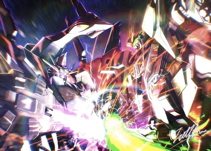 beam_saber fighting glowing glowing_eyes green_eyes gundam gundam_hathaway's_flash holding holding_sword holding_weapon mecha mobile_suit no_humans penelope_(hathaway's_flash) purple_eyes robot science_fiction signature sword sword_clash totthii0081 upper_body v-fin weapon xi_gundam