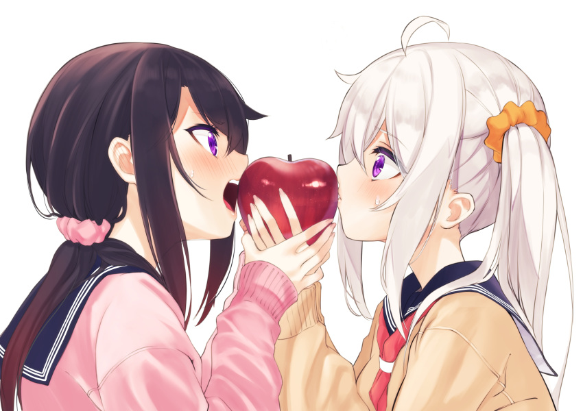 2girls absurdres ahoge apple black_hair black_sailor_collar blush brown_sweater closed_mouth commentary_request eating eye_contact food fruit hair_between_eyes hair_ornament hair_scrunchie highres holding holding_food holding_fruit holding_hands long_hair long_sleeves looking_at_another low_ponytail multiple_girls nail_polish open_mouth orange_scrunchie original pink_nails pink_scarf pink_sweater ponytail profile purple_eyes red_apple sailor_collar scarf school_uniform scrunchie serafuku setsuna_(miraichizu) shared_food shirono_mirai side_ponytail simple_background sleeves_past_wrists sweat sweater teeth upper_body upper_teeth_only white_background white_hair zero_(miraichizu)