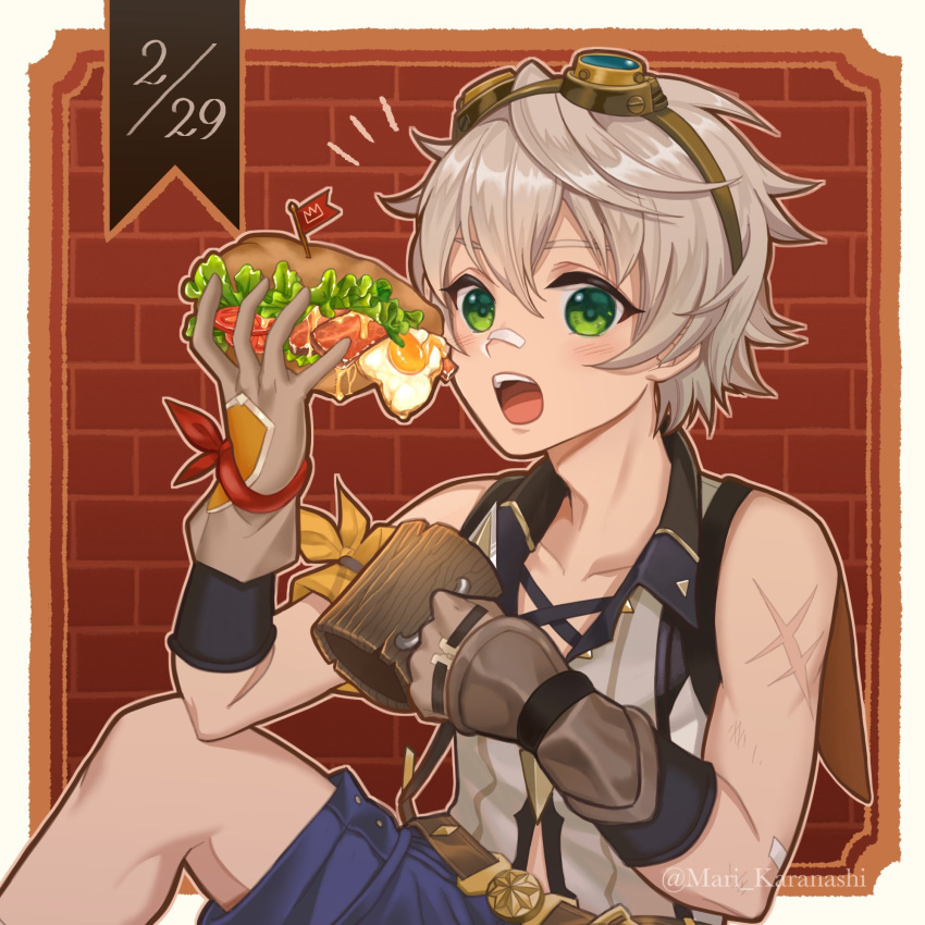 1boy bandaid bandaid_on_face bandaid_on_nose bennett_(genshin_impact) bread commentary_request eating food genshin_impact gloves goggles goggles_on_head green_eyes highres holding holding_food karanashi_mari lettuce looking_at_viewer male_focus meat open_mouth oversized_food oversized_object sandwich scar shorts sleeveless solo tomato white_hair