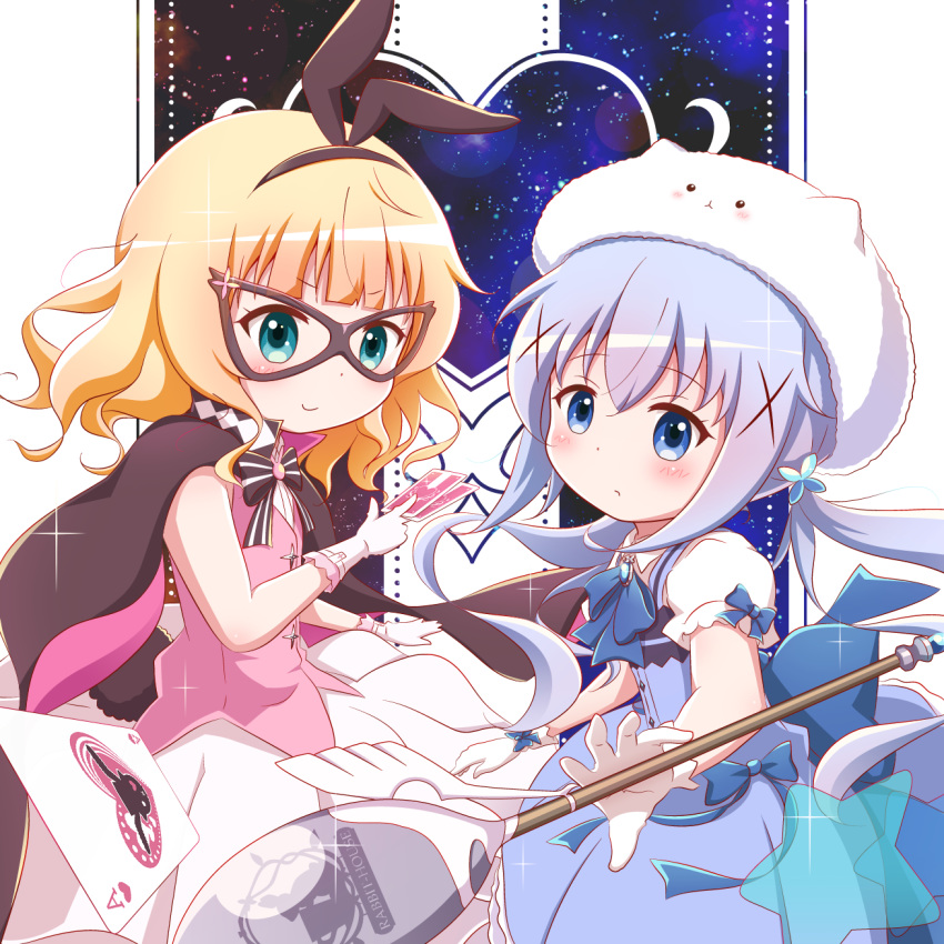 2girls ace_(playing_card) ace_of_hearts animal_ears between_fingers black_bow black_hairband blonde_hair blue_bow blue_dress blue_eyes blue_hair blush bow card character_hat closed_mouth collared_shirt cosplay dress fake_animal_ears gloves gochuumon_wa_usagi_desu_ka? goth_risuto green_eyes hair_between_eyes hair_ornament hairband heart highres holding holding_card kafuu_chino kirima_syaro long_hair looking_at_viewer magical_girl mask md5_mismatch multiple_girls oversized_object phantom_thief_lapin phantom_thief_lapin_(cosplay) pink_vest playing_card pleated_dress pleated_skirt puffy_short_sleeves puffy_sleeves rabbit_ears shirt short_sleeves sidelocks skirt sleeveless sleeveless_dress smile spoon star_(symbol) striped striped_bow tippy_(gochiusa) twintails very_long_hair vest white_gloves white_headwear white_shirt white_skirt x_hair_ornament