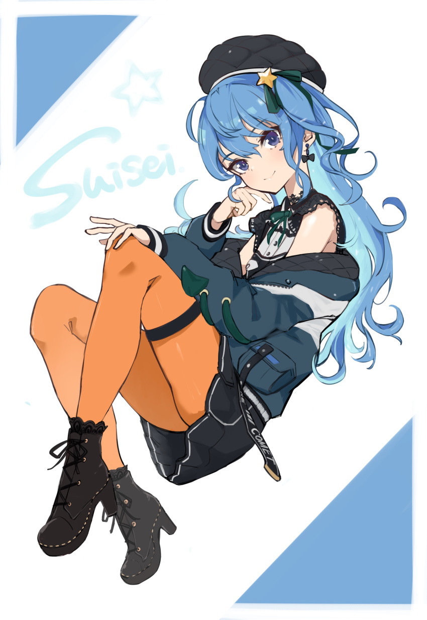 absurdres bad_id bad_pixiv_id beret black_footwear black_hat black_shirt black_skirt blue_background blue_eyes blue_hair blue_jacket blush boots breasts character_name closed_mouth commentary cross-laced_clothes cross-laced_footwear cross-laced_sleeves earrings female full_body glasses green_ribbons hair_between_eyes hat high_heel_boots high_heels highres hitsujisnow hololive hoshimachi_suisei hoshimachi_suisei_(casual) jacket jewelry lace-trimmed_shirt lace_trim light_blue_hair long_hair looking_at_viewer miniskirt neck_ribbon off_shoulder official_alternate_costume official_alternate_hair_length official_alternate_hairstyle one_side_up orange_pantyhose pantyhose partially_unzipped ribbon shirt simple_background skirt sleeveless sleeveless_shirt small_breasts smile solo star_(symbol) star_in_eye symbol_in_eye thigh_strap two-tone_background virtual_youtuber white_background