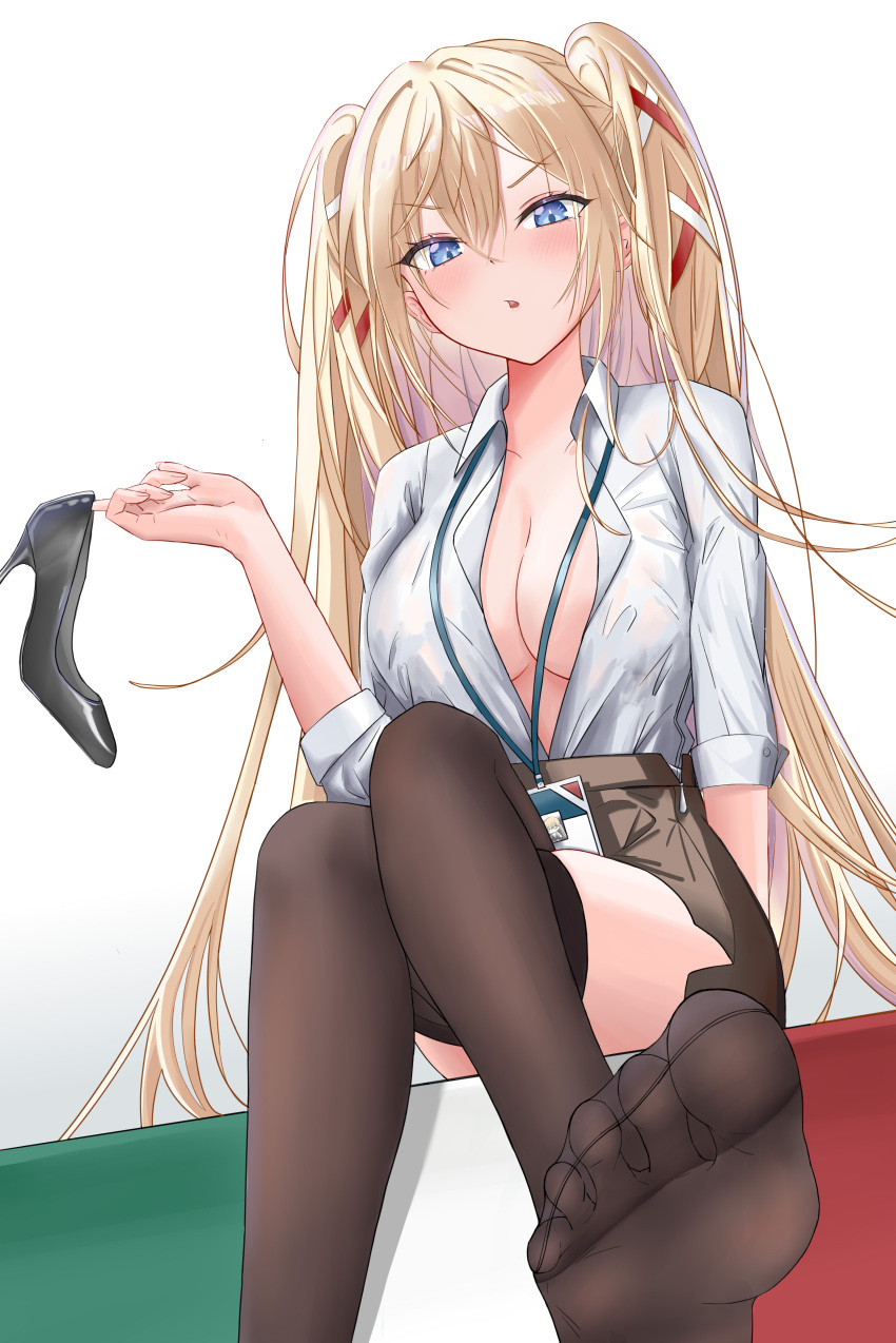 absurdres asayoru azur_lane black_footwear black_thighhighs blonde_hair blue_eyes blush breasts brown_skirt cleavage commentary crossed_legs dress_shirt feet female foot_out_of_frame foreshortening gorizia_(azur_lane) gorizia_(unrequited_office_love?)_(azur_lane) hair_between_eyes hair_ribbon high_heels highres holding holding_shoes italian_flag lanyard long_hair looking_at_viewer medium_breasts miniskirt no_bra no_shoes official_alternate_costume open_clothes open_shirt parted_lips pencil_skirt red_ribbon ribbon shirt shirt_tucked_in shoes sitting skirt solo thighhighs toes two_side_up unworn_shoes v-shaped_eyebrows white_ribbon white_shirt