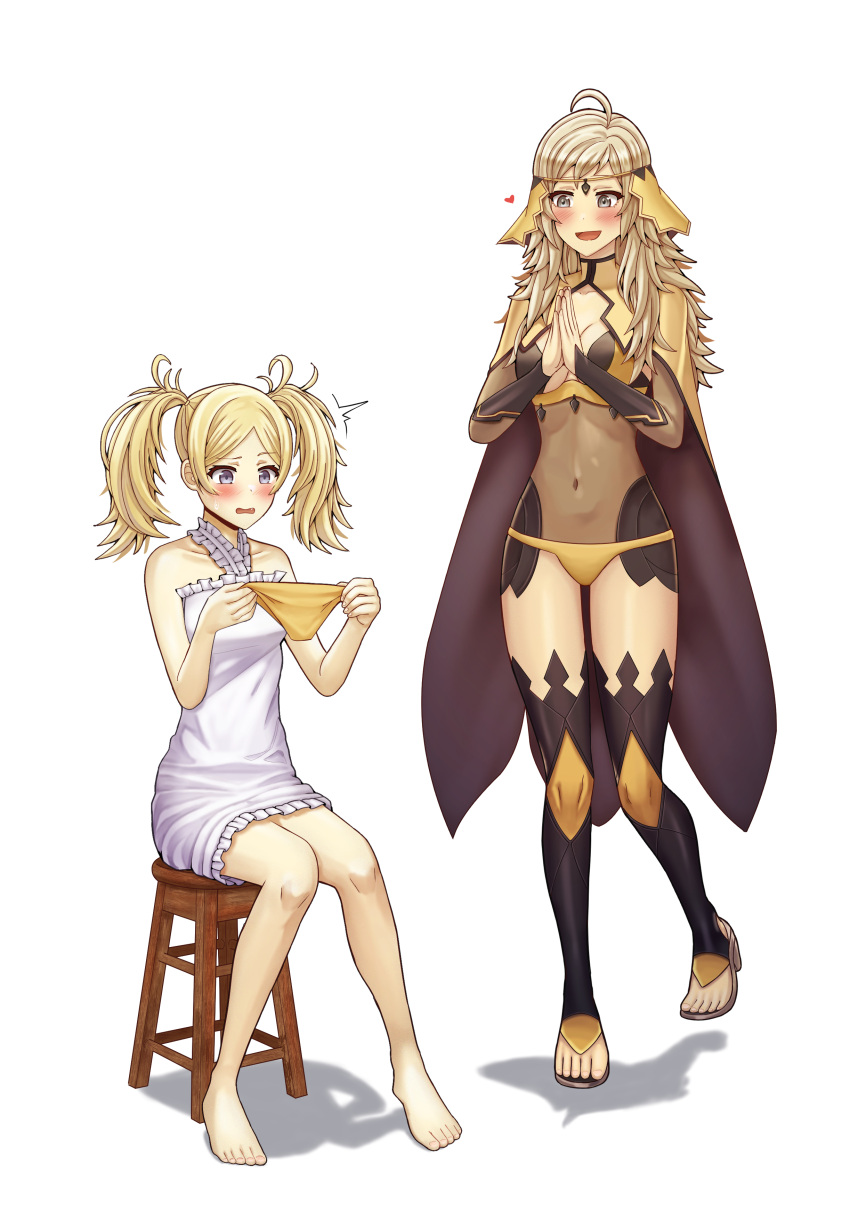 2girls absurdres ahoge alternate_costume asymmetrical_bangs barefoot bodystocking breasts cape commission covered_navel fire_emblem fire_emblem_awakening fire_emblem_fates full_body grandmother_and_granddaughter grey_eyes highres holding holding_clothes holding_panties holding_underwear lissa_(fire_emblem) long_hair medium_breasts multiple_girls nightgown open_mouth ophelia_(fire_emblem) panties saikunartworks simple_background sitting stool thighhighs toeless_footwear turtleneck twintails underwear unworn_panties white_background yellow_panties