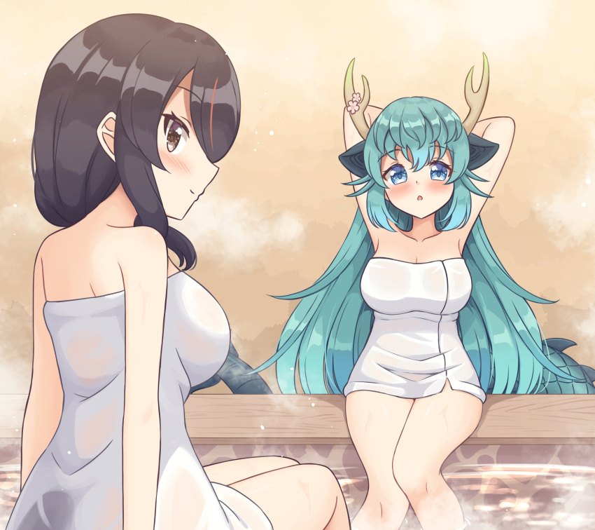 2girls absurdres alternate_costume arms_behind_back bare_arms bare_legs bare_shoulders black_hair blue_dragon_(kemono_friends) blue_eyes blue_hair blush brown_eyes collarbone dragon_ears dragon_girl dragon_horns dragon_tail emperor_penguin_(kemono_friends) hair_between_eyes hair_over_one_eye highres horns kemono_friends long_hair looking_at_viewer looking_back multicolored_hair multiple_girls naked_towel onsen penguin_girl red_hair shiraha_maru short_hair sidelocks sitting streaked_hair tail towel