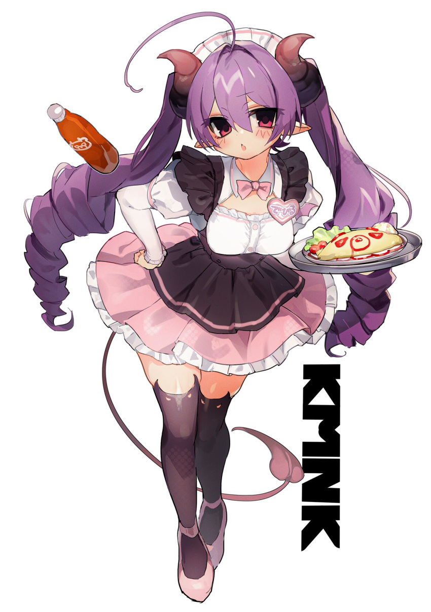 2000s_(style) ahoge artist_name blush bow bowtie commentary_request demon_girl demon_horns demon_tail dress female food heart highres holding holding_food holding_plate horns jitome ketchup ketchup_bottle kmnk_(kumanuko) long_hair looking_at_viewer name_tag open_mouth original plate pointy_ears purple_hair red_eyes shoes simple_background tachi-e tail twintails very_long_hair white_background zettai_ryouiki