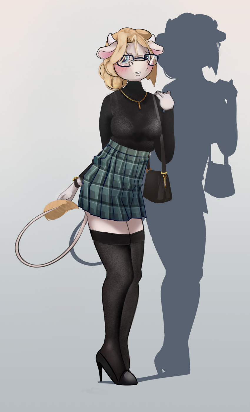 absurd_res anthro betty_brown blush bovid bovine cattle clothing drafthoof eyewear female glasses hi_res legwear mammal office_lady solo standing stockings