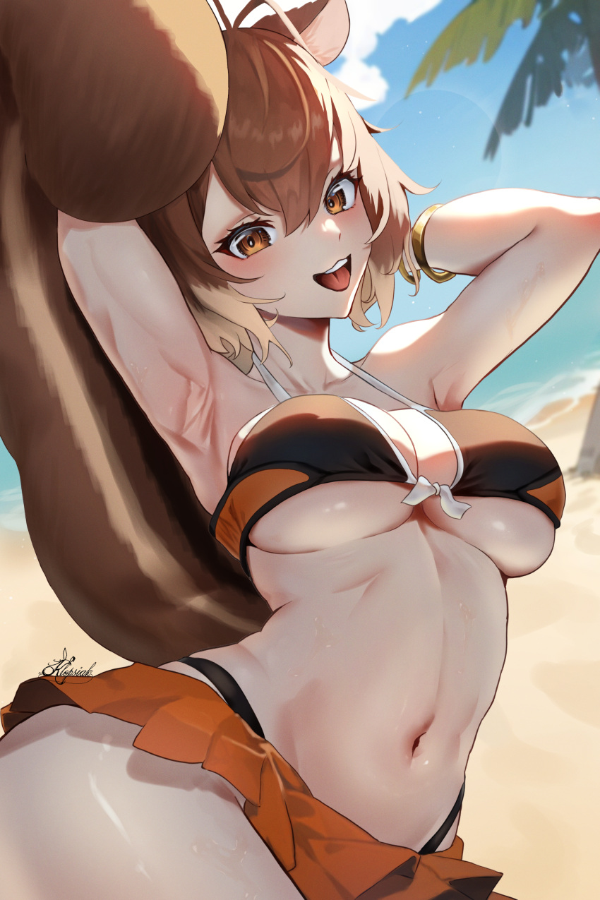 absurdres animal_ears antenna_hair arms_behind_head beach bikini bikini_under_skirt black_bikini_bottom blazblue bracelet breasts brown_eyes brown_hair cloud female front-tie_bikini_top front-tie_top gold_bracelet halterneck highleg highleg_bikini highres jewelry klopsiak large_breasts looking_at_viewer makoto_nanaya microskirt multicolored_bikini multicolored_clothes multicolored_hair navel open_mouth orange_skirt palm_tree sand short_hair skindentation skirt solo squirrel_ears squirrel_girl squirrel_tail swimsuit tail tree two-tone_hair