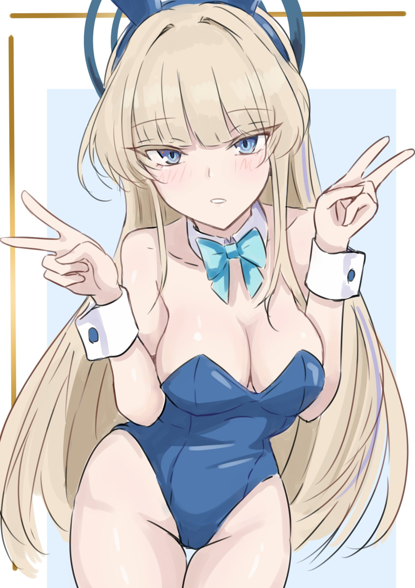 absurdres animal_ears bare_shoulders blonde_hair blue_archive blue_background blue_bow blue_bowtie blue_eyes blue_leotard blunt_bangs blush border bow bowtie breasts cleavage collarbone cowboy_shot detached_collar double_v fake_animal_ears female groin halo highleg highleg_leotard highres ken_(shutenndouji1) leotard long_hair looking_at_viewer medium_breasts outside_border playboy_bunny rabbit_ears simple_background solo standing strapless strapless_leotard thigh_gap thighs toki_(blue_archive) toki_(bunny)_(blue_archive) v very_long_hair white_border wrist_cuffs