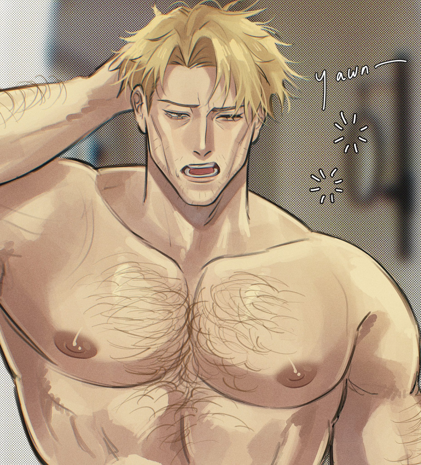 1boy arm_behind_head arm_hair bara beard_stubble blonde_hair cheekbones chest_hair commentary english_commentary facial_hair highres indoors jujutsu_kaisen large_pectorals male_focus muscular muscular_male nanami_kento nipples one_eye_closed open_mouth paid_reward_available pectorals short_hair solo stubble upper_body xiaoshy_otp yawning