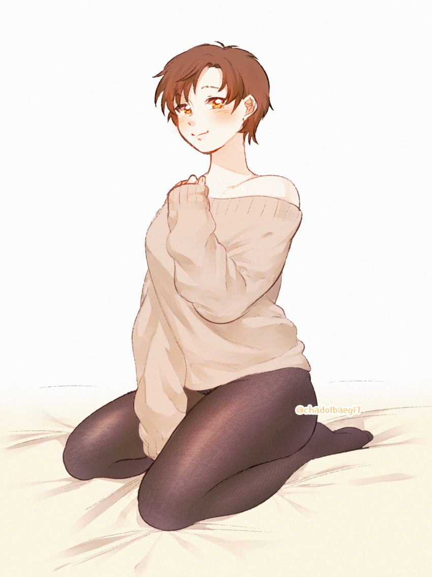 between_legs brown_eyes brown_hair brown_pantyhose chadolbaegi english_commentary female full_body hand_between_legs hand_on_own_chest highres kang_jaehee looking_at_viewer no_eyewear on_bed pantyhose seiza short_hair single_bare_shoulder single_off_shoulder sitting smile solo susanghan_messenger sweater twitter_username