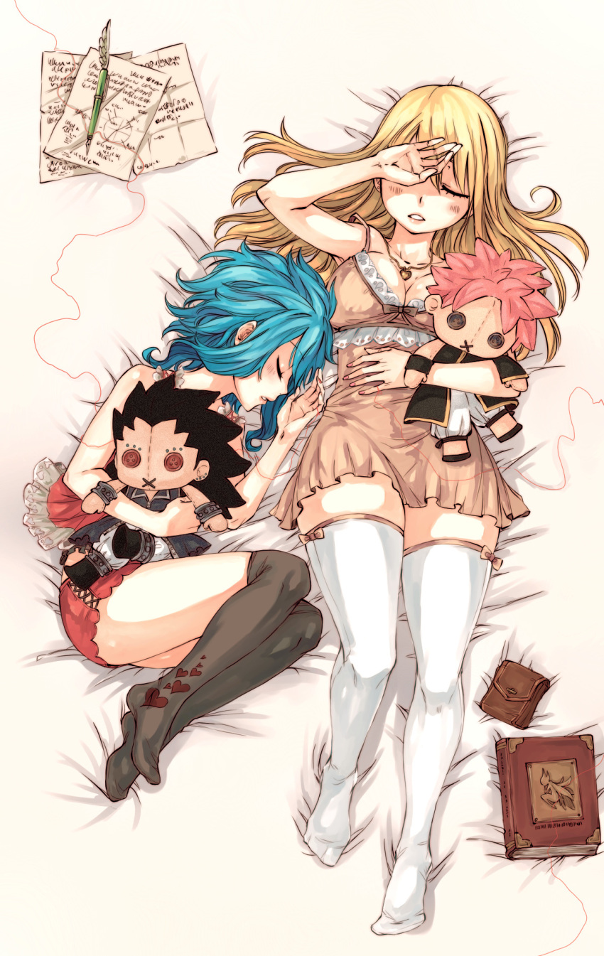 2girls black_hair black_thighhighs blonde_hair blue_hair blush book brown_dress closed_eyes commentary curled_up doll dress english_commentary fairy_tail gajeel_redfox highres holding holding_doll levy_mcgarden long_hair lucy_heartfilia lying medium_hair multiple_girls natsu_dragneel paper parted_lips pen pink_hair quill rusky sleeping spiked_hair thighhighs white_thighhighs