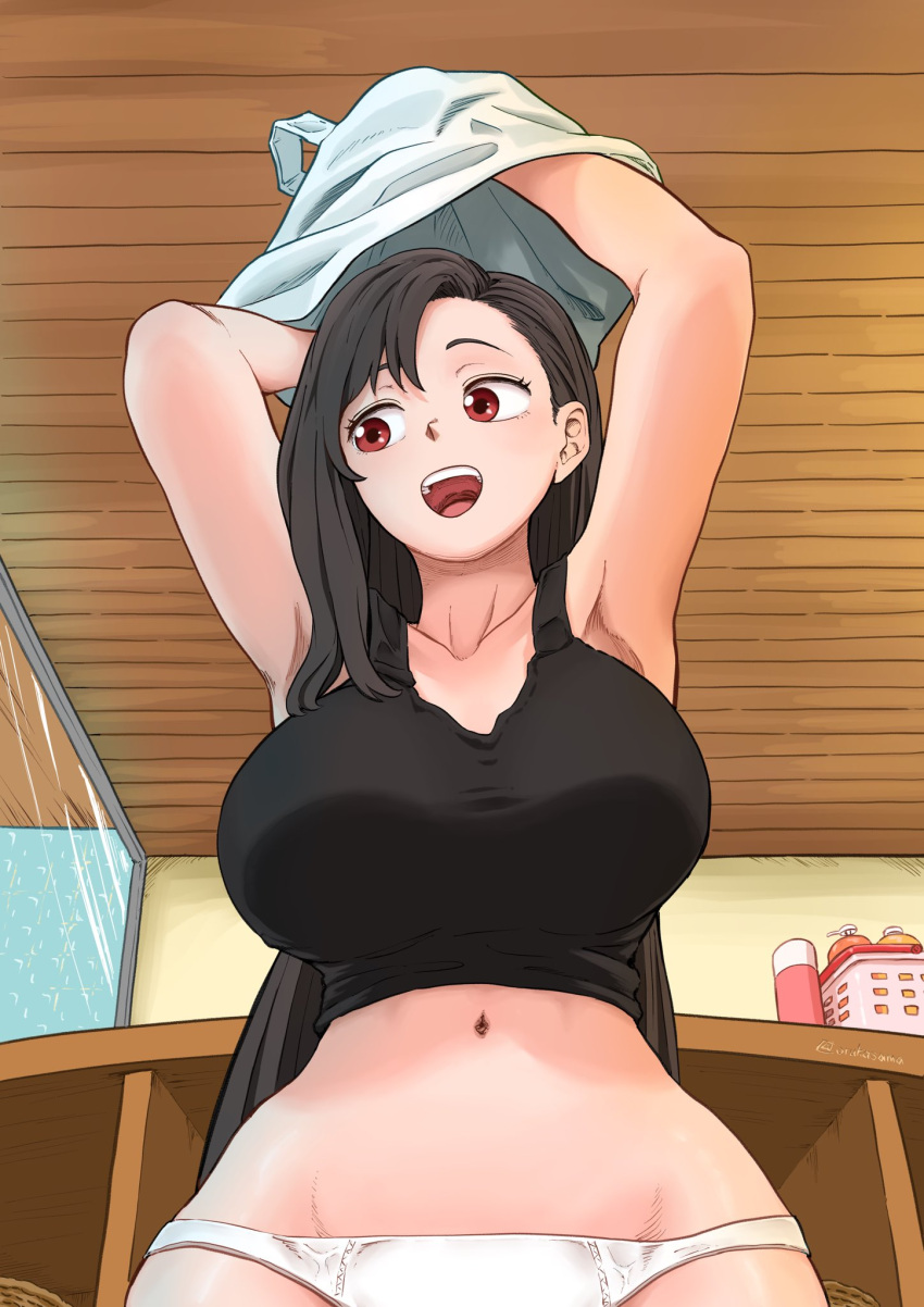 armpits arms_up bathhouse black_hair breasts brown_eyes crop_top female final_fantasy final_fantasy_vii final_fantasy_vii_remake highres large_breasts looking_to_the_side navel open_mouth panties solo stomach teeth tifa_lockhart underwear undressing upper_teeth_only white_panties wolkat