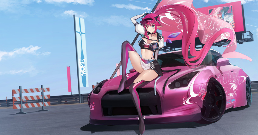 absurdres alternate_hairstyle arm_over_head arm_support ausseh1 billboard blue_eyes breasts car carbonated_love_(hololive) chest_strap cleavage commentary crystal_wings detached_wings english_commentary female flag floating_hair halo heterochromia highres holding holding_flag hololive hololive_english horns irys_(hololive) irys_(race_queenrys)_(hololive) juliet_sleeves long_hair long_sleeves midriff miniskirt motor_vehicle nissan_gt-r pink_car pink_hair pointy_ears puffy_sleeves purple_eyes purple_thighhighs race_queen race_vehicle racecar sidelocks sitting skirt thighhighs traffic_barrier very_long_hair virtual_youtuber wings