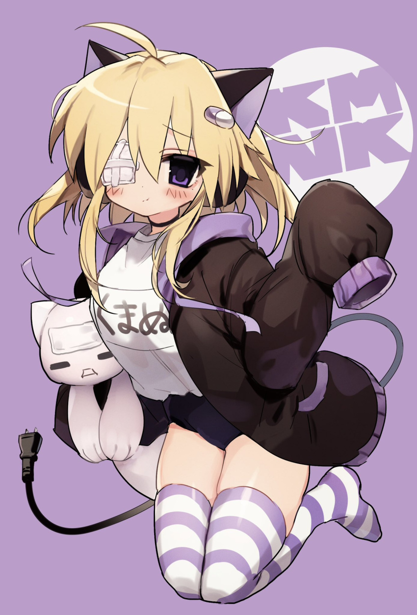 2000s_(style) ahoge animal_ears blonde_hair blush cat_ears commentary_request electric_plug electric_plug_tail eyepatch female full_body highres holding holding_stuffed_toy jacket jumping kmnk_(kumanuko) long_hair open_clothes open_jacket original pill_hair_ornament purple_background purple_eyes purple_theme simple_background sleeves_past_fingers sleeves_past_wrists solo striped_clothes striped_thighhighs stuffed_animal stuffed_cat stuffed_toy tail thighhighs two_side_up