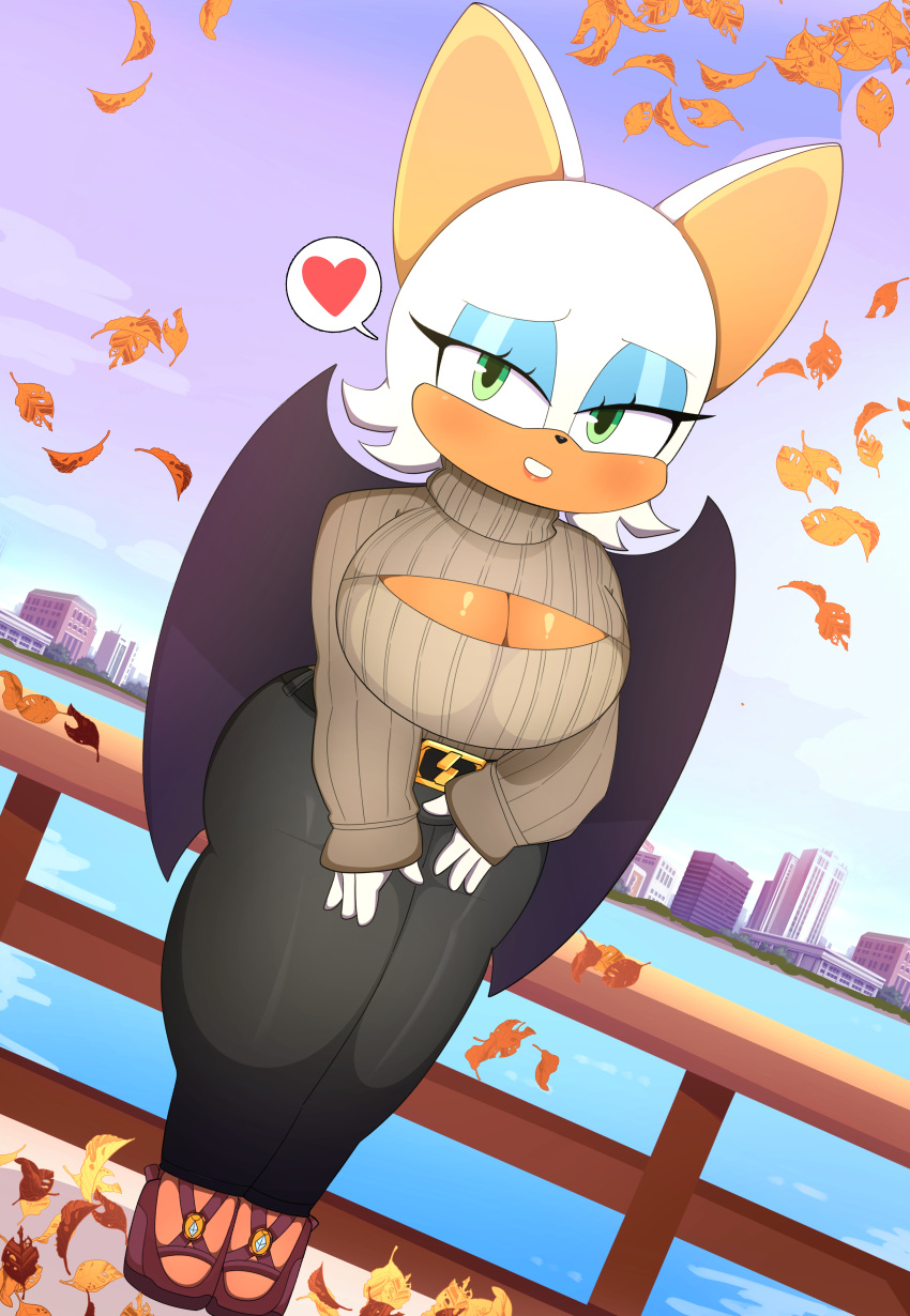 absurd_res anthro autumn bat big_breasts blush breasts cleavage cleavage_cutout clothed clothing cutout falling_leaves female footwear heart_symbol hi_res high_heels keyhole_clothing looking_at_viewer mammal onibi rouge_the_bat sega shoes solo sonic_the_hedgehog_(series) sweater thick_thighs topwear wide_hips wings