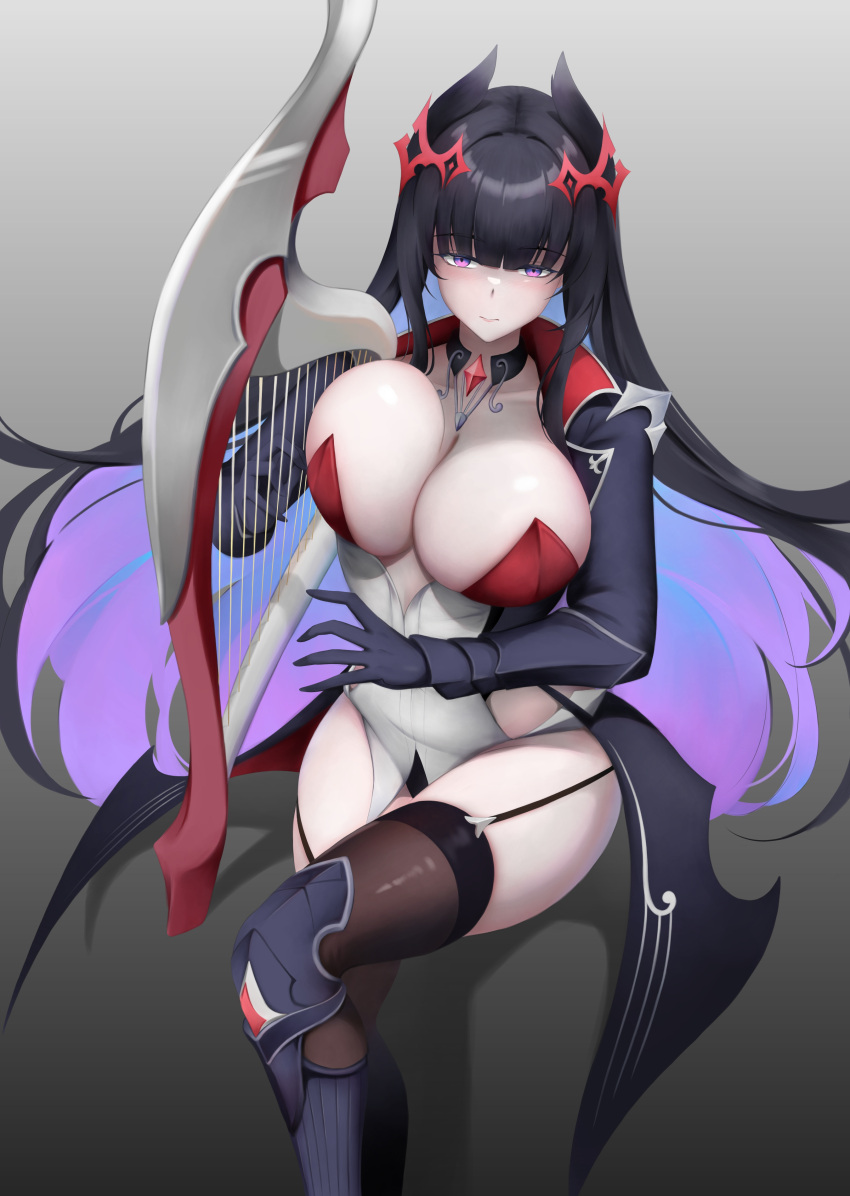 absurdres azur_lane black_garter_straps black_gloves black_hair black_thighhighs breasts cleavage cleavage_cutout closed_mouth clothing_cutout colored_inner_hair dddtriple female garter_straps gloves gradient_background grey_background hands_up harp highres holding holding_instrument huge_breasts instrument long_hair long_sleeves looking_at_viewer multicolored_hair music playing_instrument purple_eyes purple_hair simple_background solo strasbourg_(azur_lane) thighhighs very_long_hair