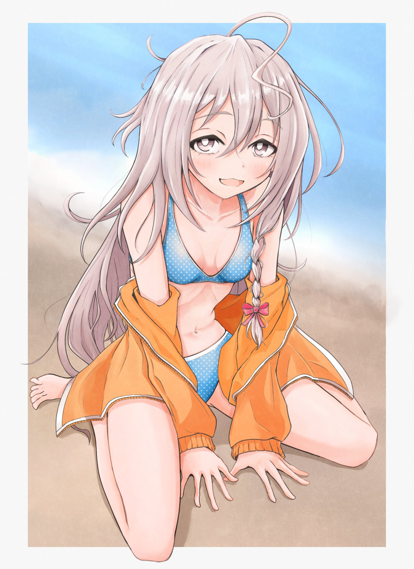 absurdres ahoge bayisan_xiansheng beach bikini blush bow braid breasts bright_pupils collarbone commentary_request female grey_eyes grey_hair hairbow highres hoshi_syoko huge_ahoge idolmaster idolmaster_cinderella_girls jacket long_hair messy_hair navel ocean open_clothes open_jacket orange_jacket pink_bow polka_dot polka_dot_bikini ribs sand sitting small_breasts stomach swimsuit very_long_hair wariza