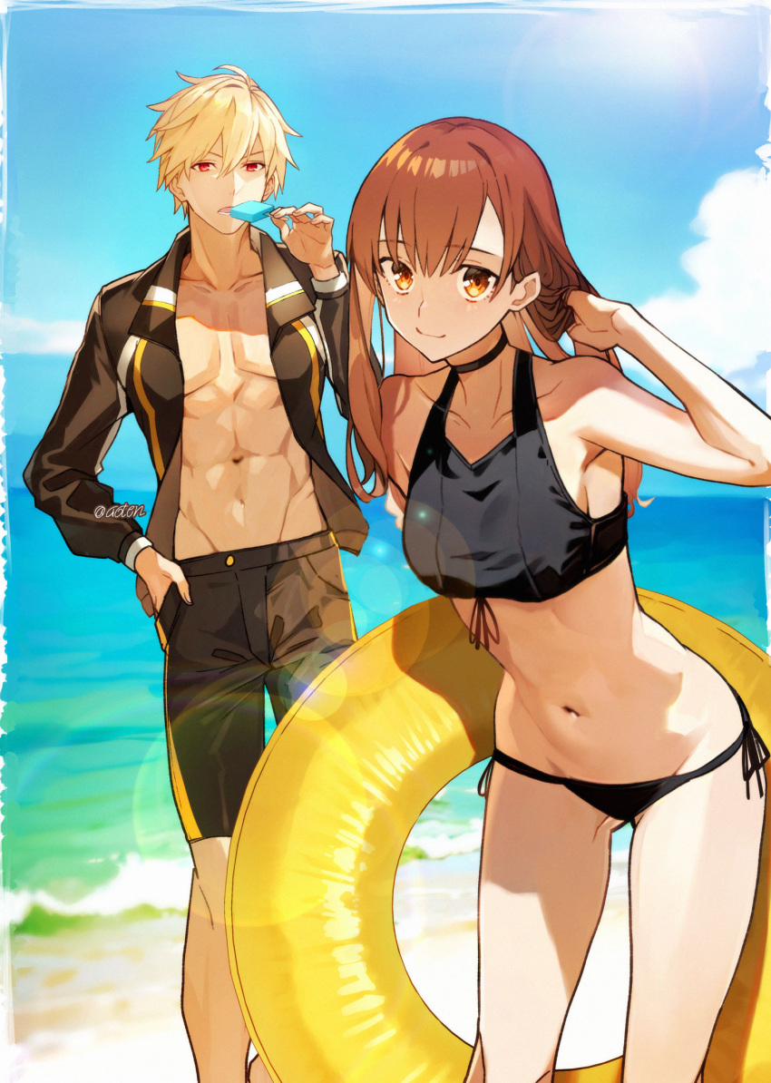 1boy abs aoten_(aoiroarekore) beach black_bra black_panties black_shirt black_shorts blonde_hair bra brown_eyes brown_hair choker collarbone fate/extra fate/extra_ccc fate_(series) female food gilgamesh_(fate) hand_in_own_hair hand_in_pocket highres holding holding_floatie holding_food holding_popsicle kishinami_hakuno_(female) long_hair long_sleeves looking_at_viewer multicolored_clothes muscular muscular_male ocean open_clothes open_mouth open_shirt panties popsicle red_eyes shirt short_hair shorts smile sunlight underwear