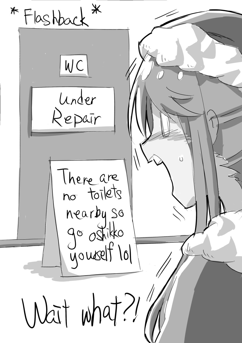 absurdres bangs blush christmas door english_text female female flashback fur-trimmed_hat fur_trim greyscale hat have_to_pee highres indoors long_hair monochrome nose_blush o_o open_mouth original rune_(pixiv_25170019) santa_hat shiny shiny_hair sign solo surprised sweat talking teeth text_focus trembling