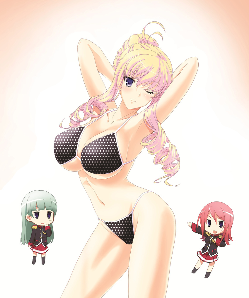 3girls :d absurdres ann_(walkure_romanze) antenna_hair armpits arms_behind_head bertille_althusser bikini blazer blonde_hair blue_eyes blunt_bangs blush breasts chibi cleavage commentary_request contrapposto cowboy_shot drill_hair emma_(walkure_romanze) epaulettes gradient_background green_hair groin hair_between_eyes hair_bun hand_to_own_mouth head_tilt highleg highleg_bikini highleg_swimsuit highres jacket kneehighs large_breasts leaning_forward long_hair long_sleeves looking_at_viewer multiple_girls navel no.gomesu one_eye_closed open_mouth outstretched_arm photoshop_(medium) pleated_skirt polka_dot polka_dot_bikini polka_dot_swimsuit pose red_hair school_uniform short_hair sideboob sidelocks single_hair_bun skirt smile socks standing string_bikini swimsuit thighhighs twin_drills twintails underboob walkure_romanze white_background