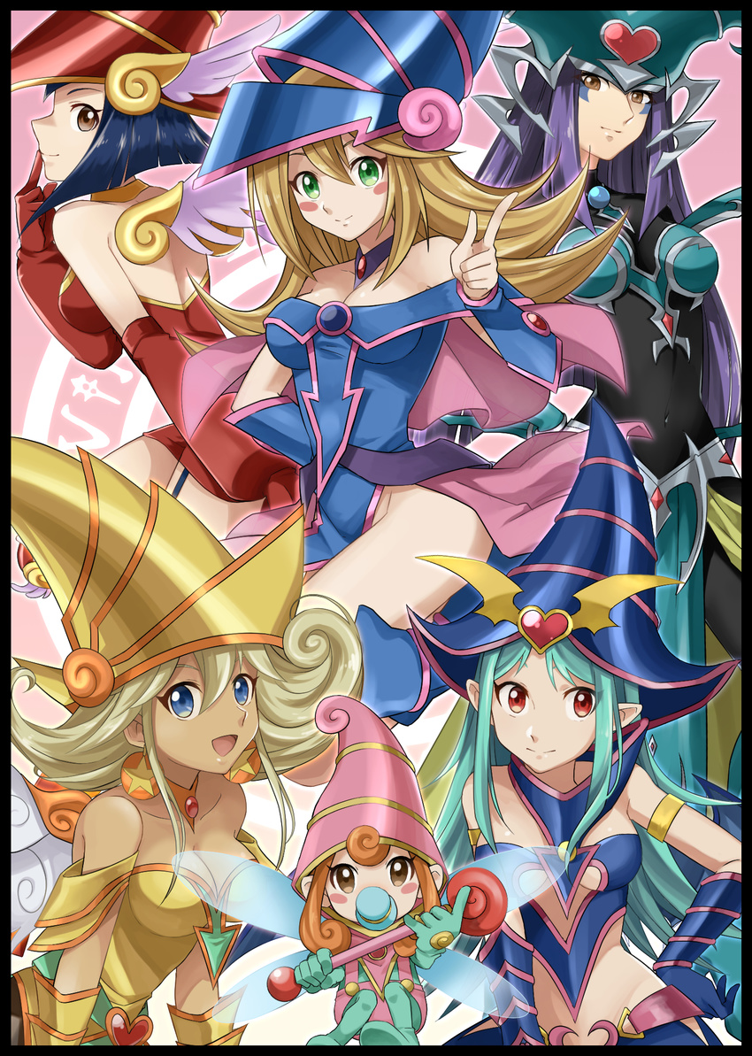 6+girls apple_magician_girl bad_id bad_pixiv_id berry_magician_girl blonde_hair blue_eyes blue_hair blush_stickers border brown_eyes chocolate_magician_girl dark_magician_girl duel_monster fairy_wings gloves green_eyes green_hair hand_on_own_hip hat heart highres kiwi_magician_girl lemon_magician_girl leotard long_hair multiple_girls nakata_(chamcham) no_panties pacifier purple_hair red_eyes short_hair smile staff wings wizard_hat yellow_hat yellow_leotard yu-gi-oh! yu-gi-oh!_the_dark_side_of_dimensions